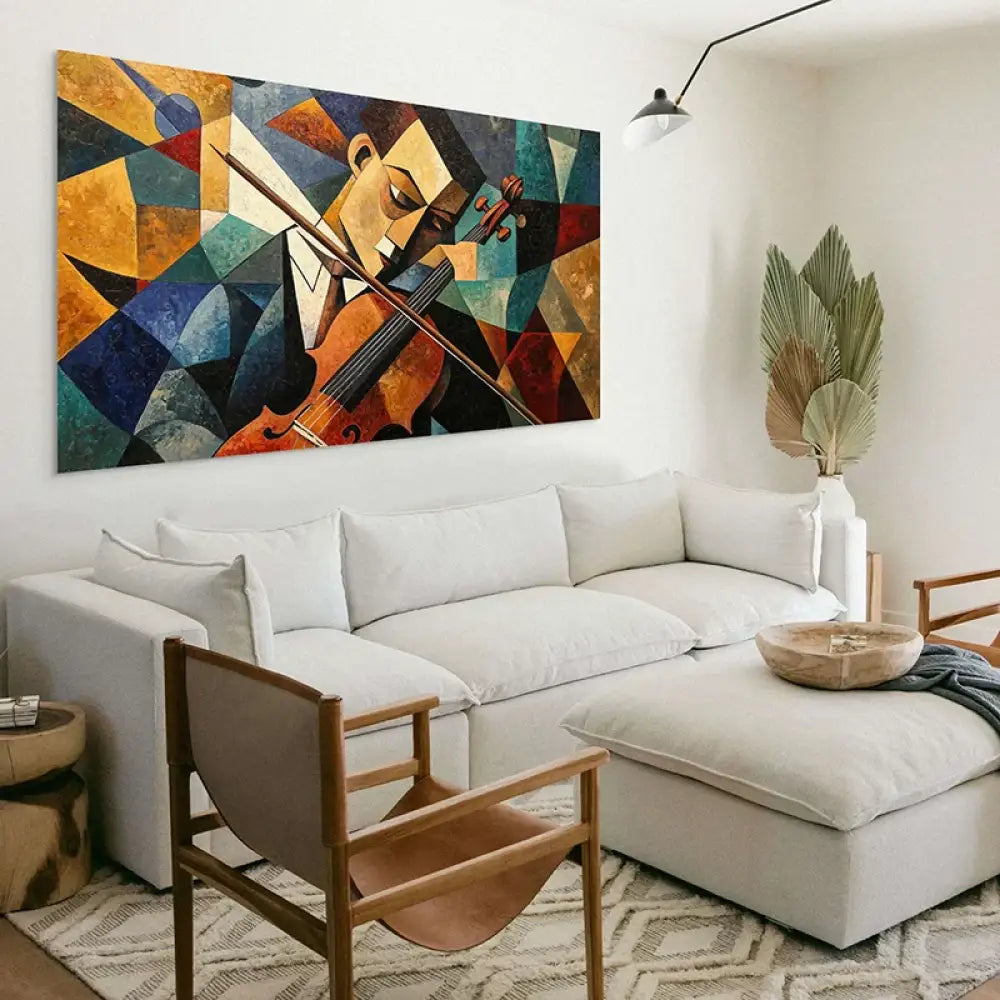 Tableau abstrait musicien – archet et violon, style cubiste contemporain