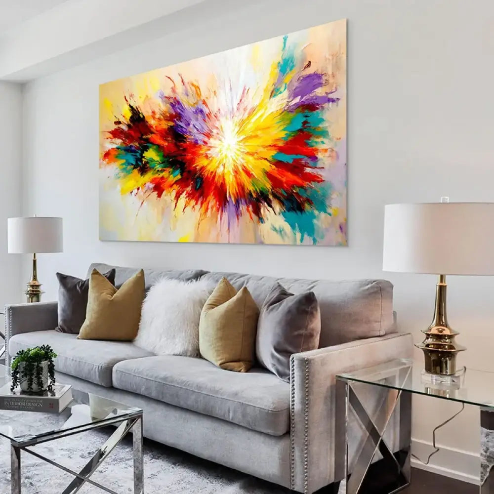 Toile design explosion de couleurs vives jaunes, rouges et bleues