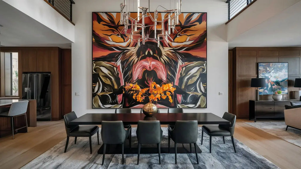 un tableau abstrait vibrant avec une tête d’animal stylisée et des bois proéminents en nuances orange, rouge, noir et or, accroché au-dessus d’une table à manger dans un article sur comment choisir le bon tableau selon sa taille.