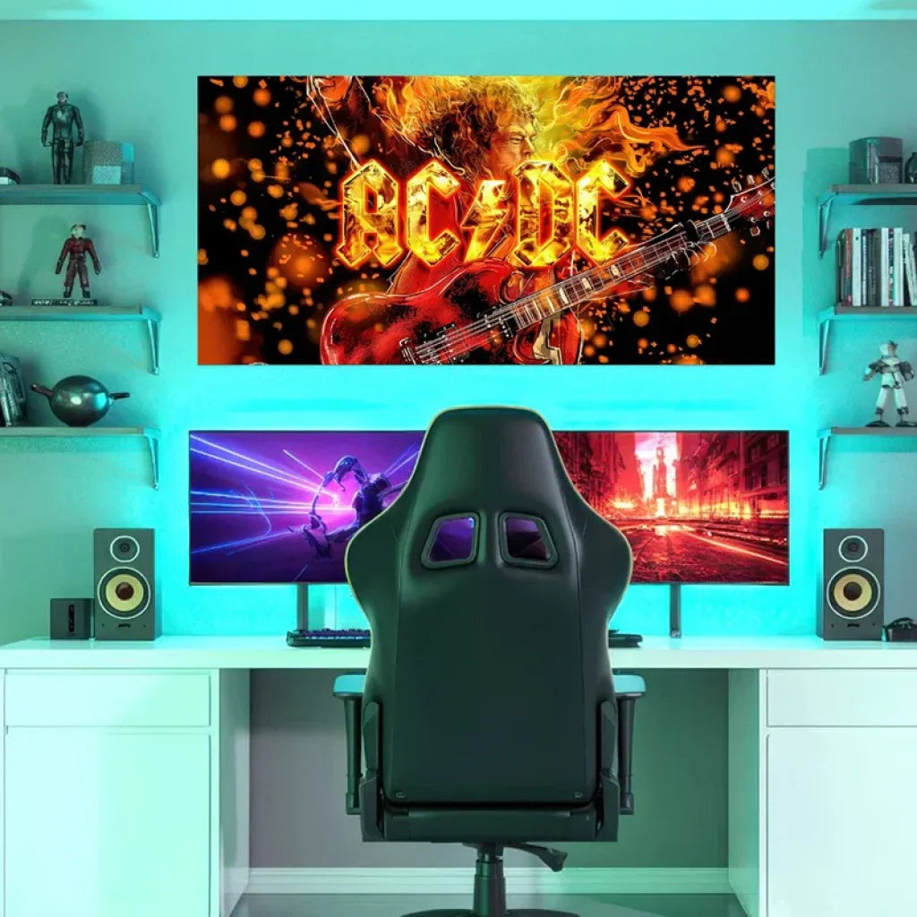 Rock metal painting, illuminated ACDC logo and fire bursts