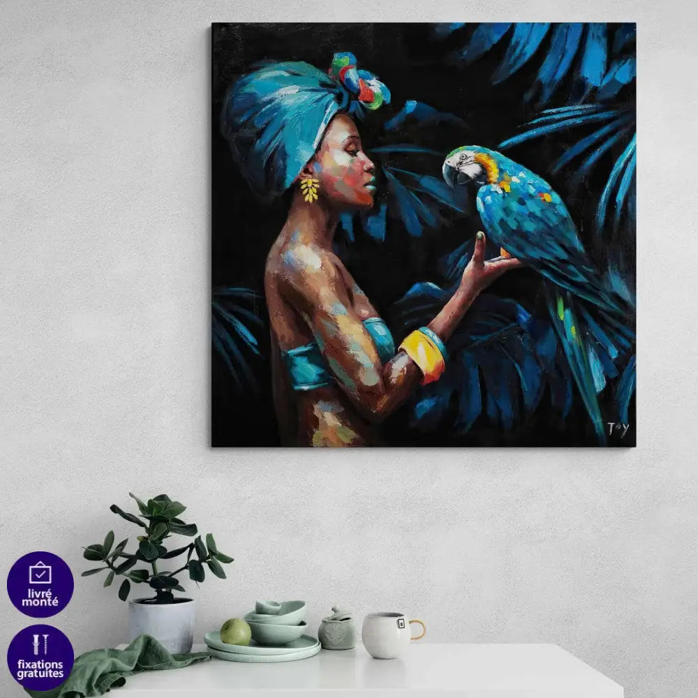 Tableau Afrique Femme Africaine et son Perroquet - Montableaudeco