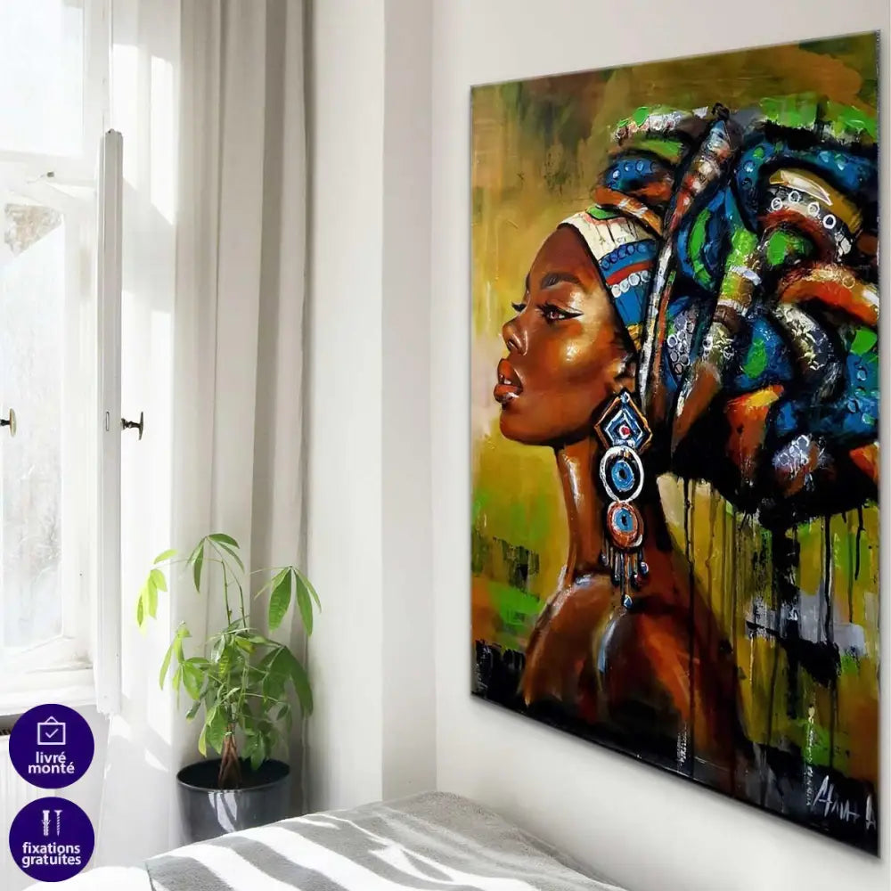 décoration murale femme africaine foulard coloré