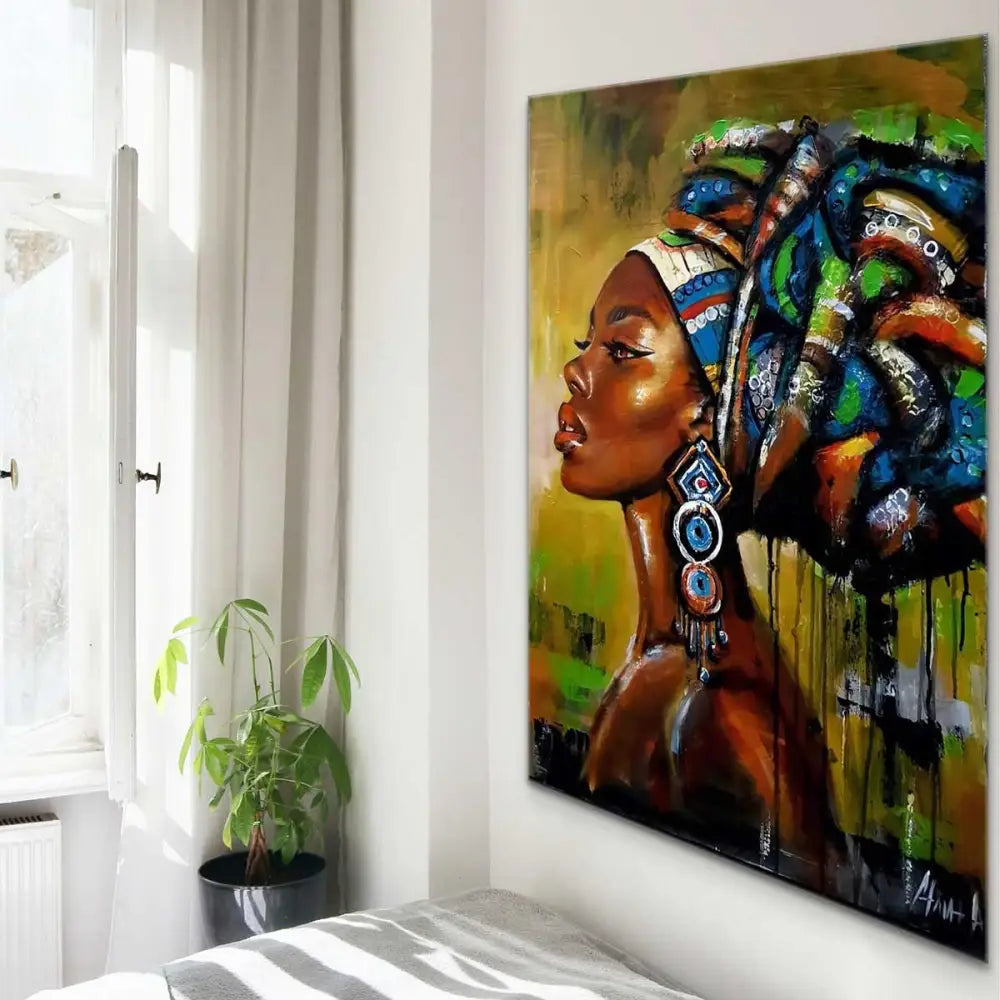 décoration murale femme africaine foulard coloré