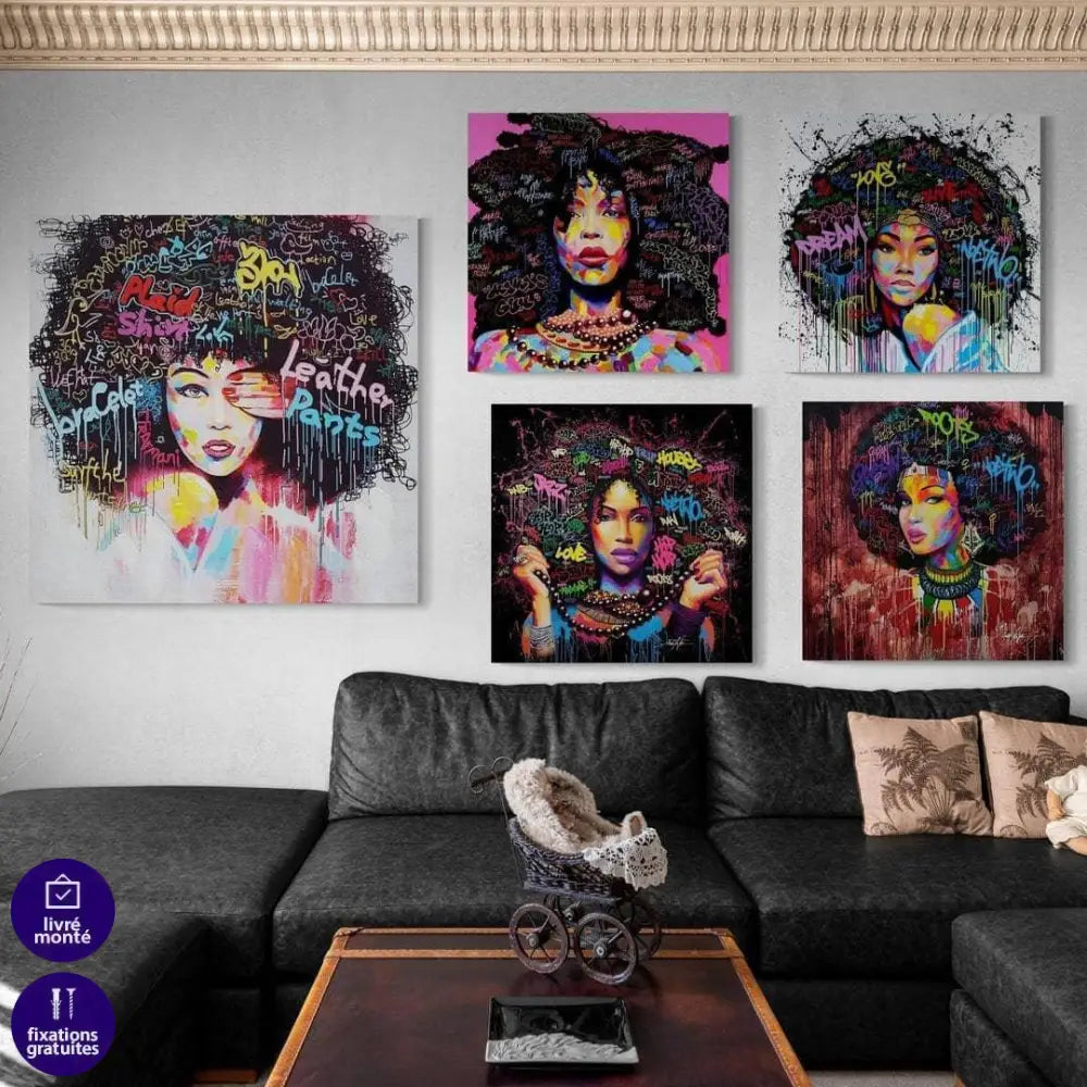 Tableau Afrique Femme Graffiti 5 Pièces - Montableaudeco