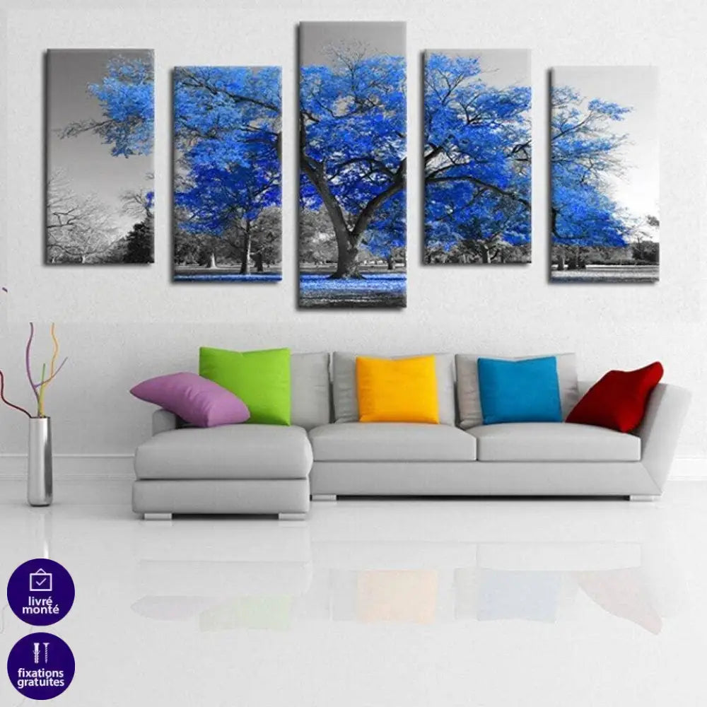Tableau Arbre Bleu 5 Panneaux - Montableaudeco