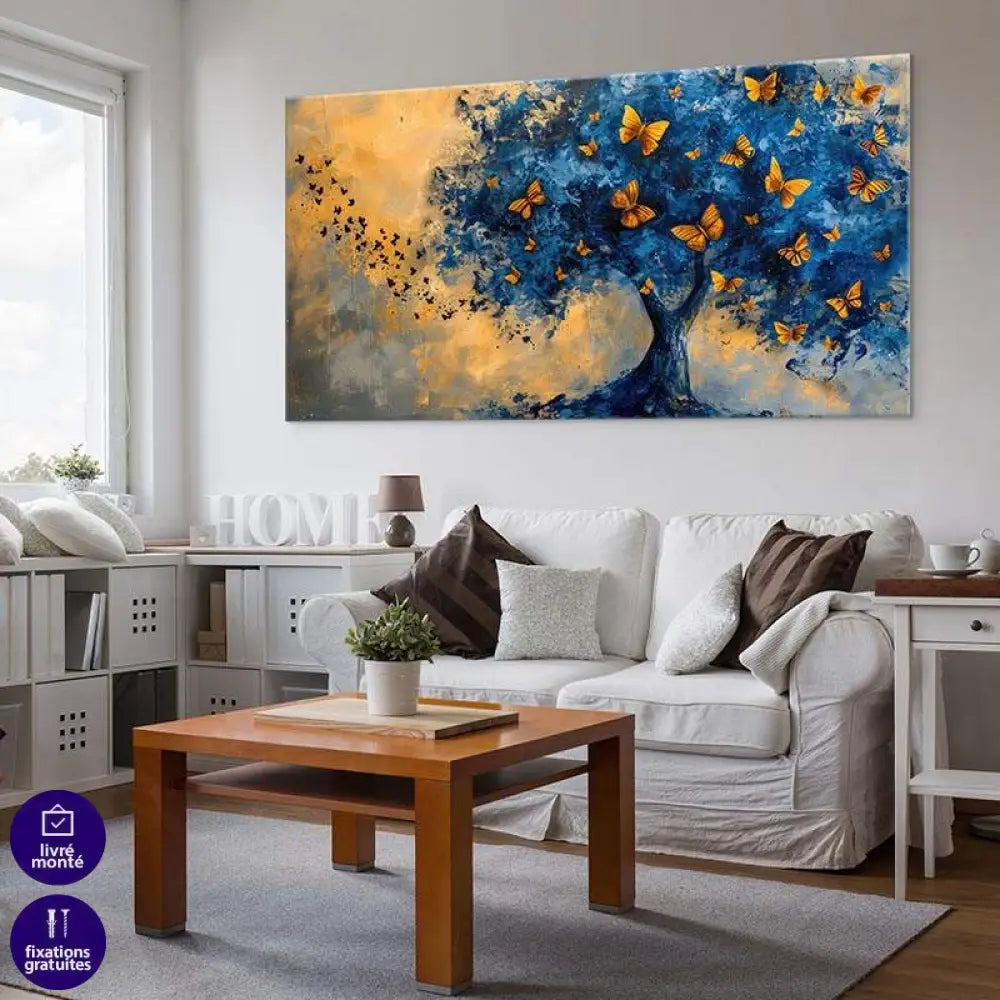 Tableau Arbre Bleu et Papillon 40x80cm / Toile tendue sur châssis Tableau Arbre