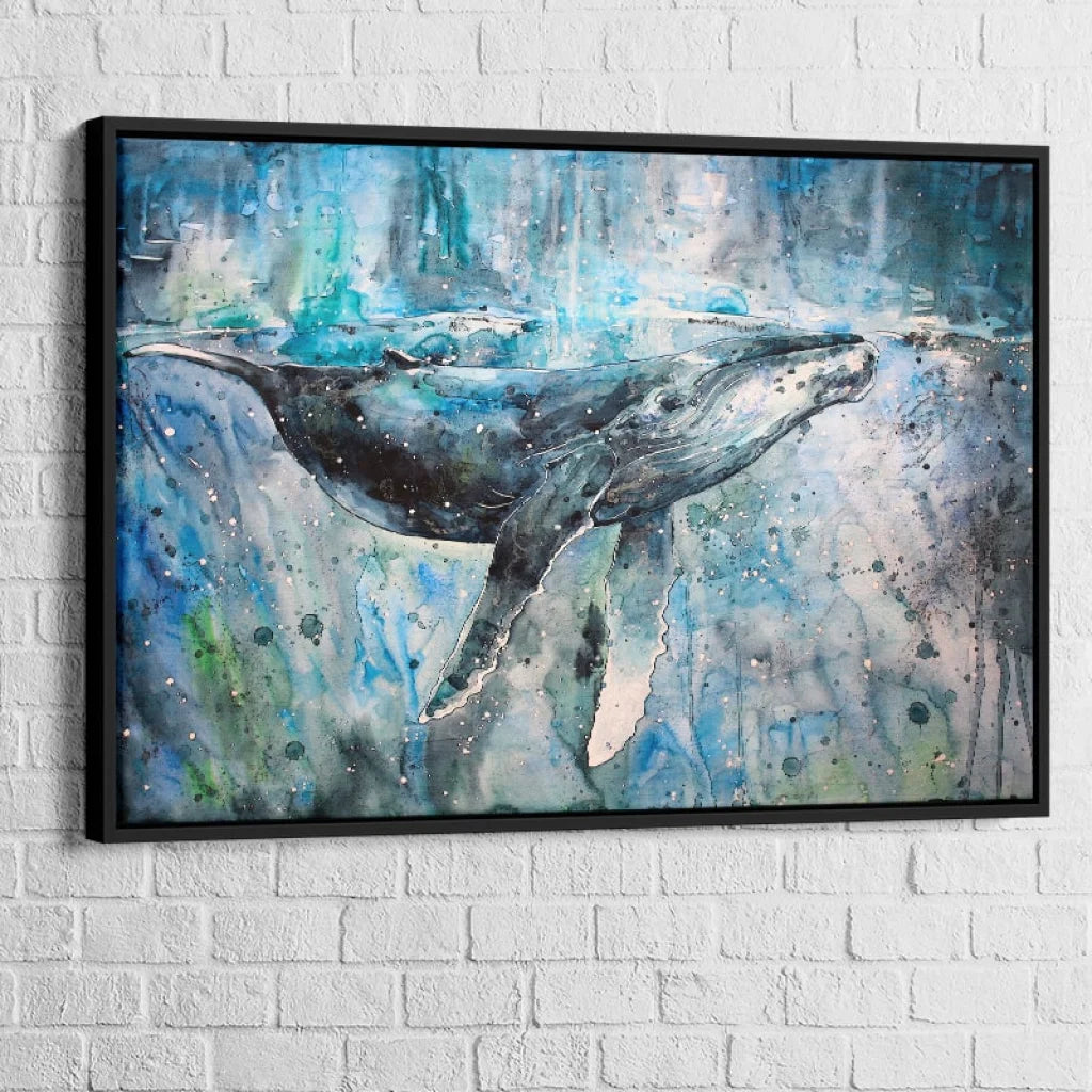 Tableau Baleine Bleu 40x60cm / Cadre Noir Tableau Mer