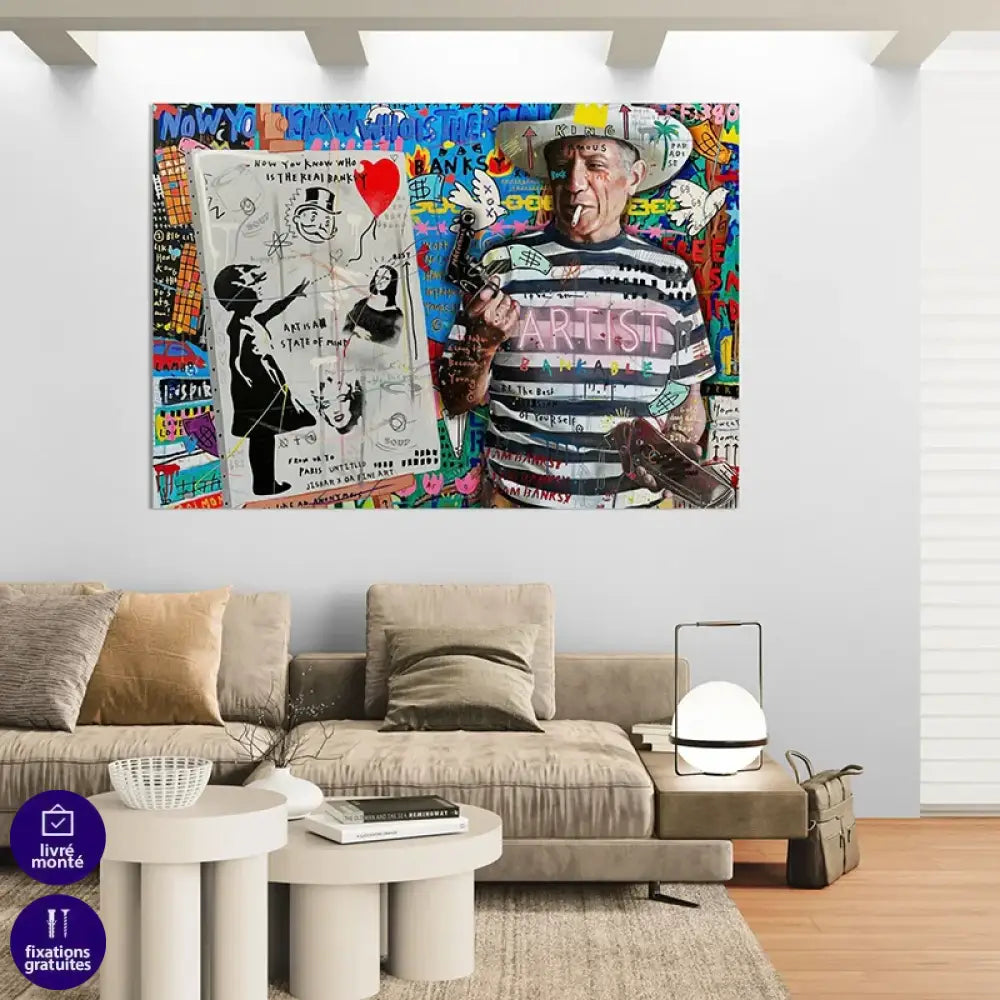 Toile contemporaine avec portrait d’artiste et graffiti coloré

