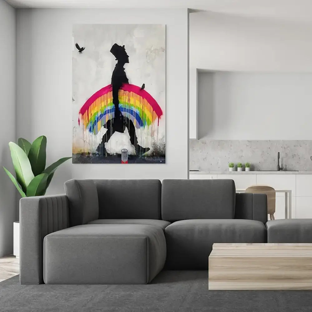 Tableau Banksy – silhouette noire et arc-en-ciel qui dégouline