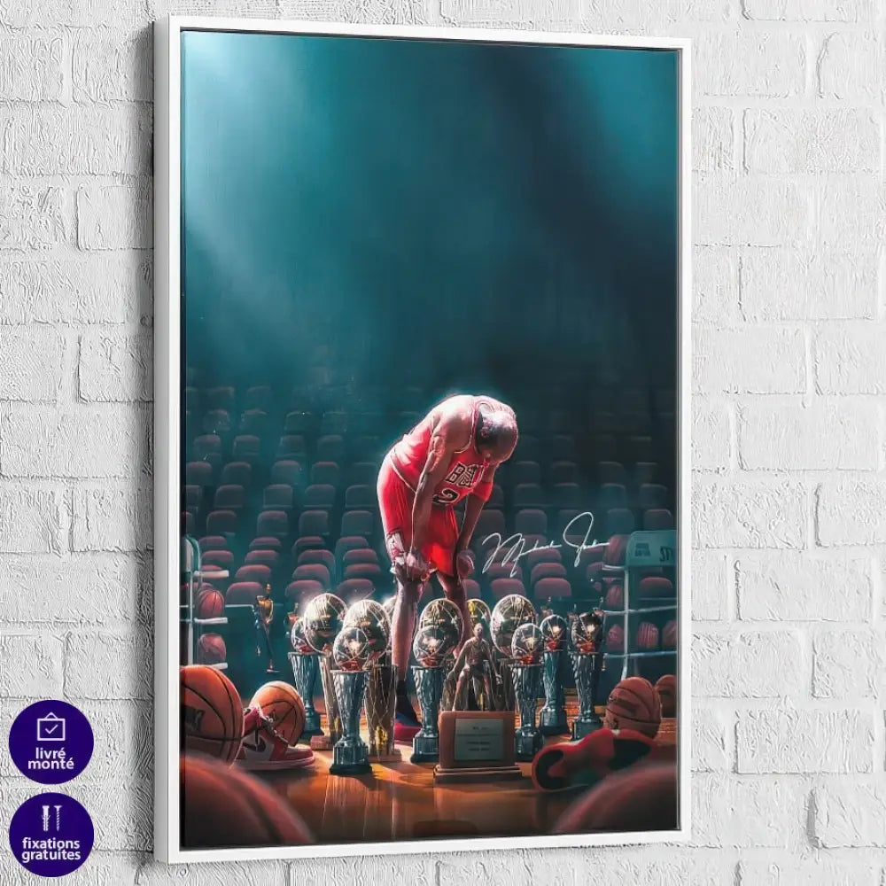 Affiche sportive Michael Jordan contemplant ses victoires

