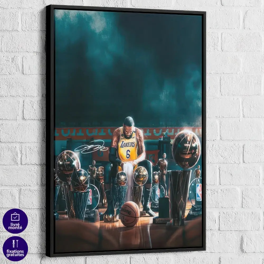 Illustration LeBron James dans les vestiaires avec ses trophées

