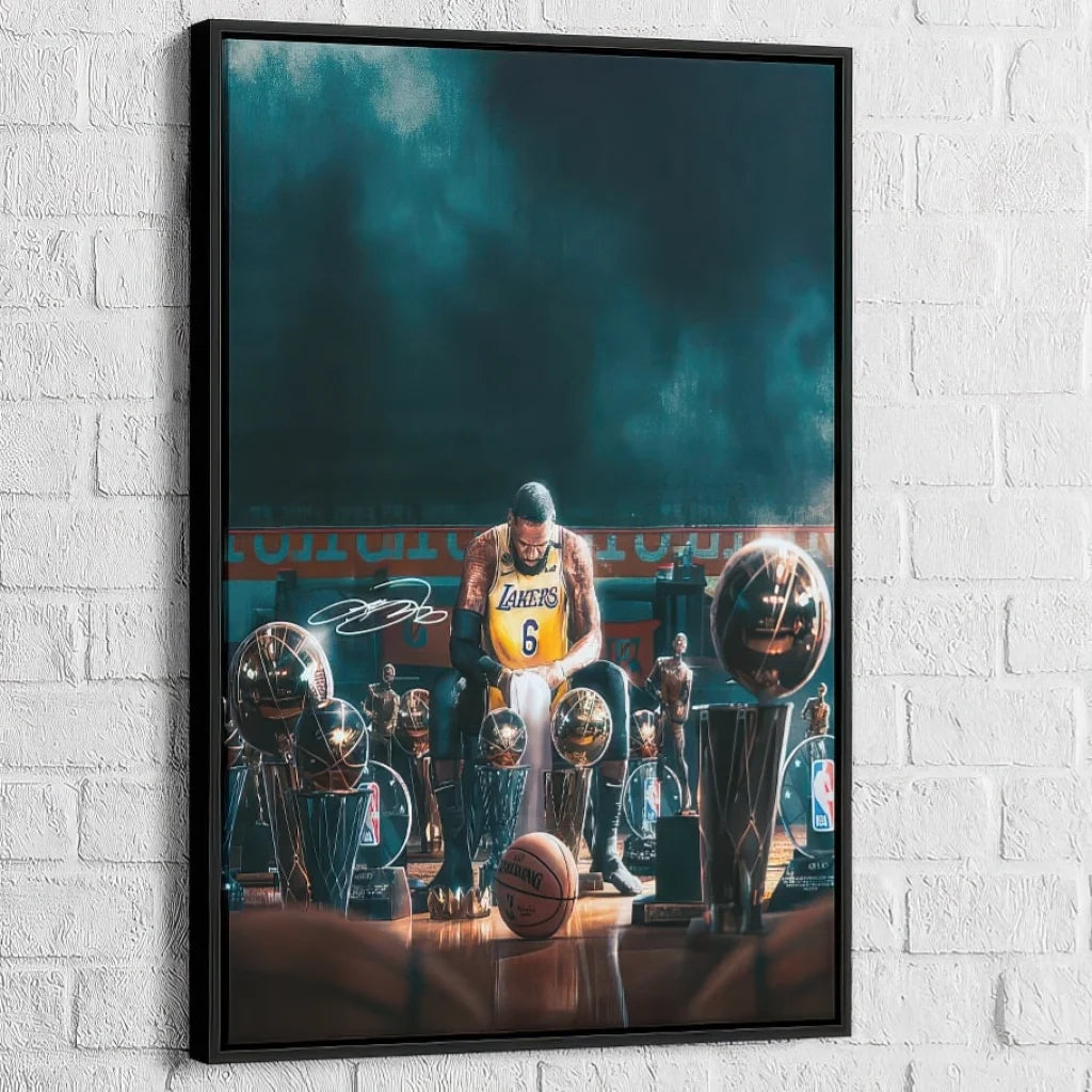 Illustration LeBron James dans les vestiaires avec ses trophées

