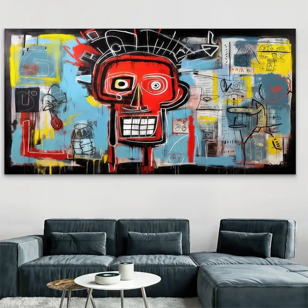 Tableau déco inspiré par Basquiat avec un crâne rouge sur fond urbain

