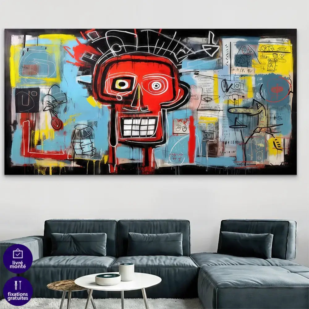 Tableau déco inspiré par Basquiat avec un crâne rouge sur fond urbain

