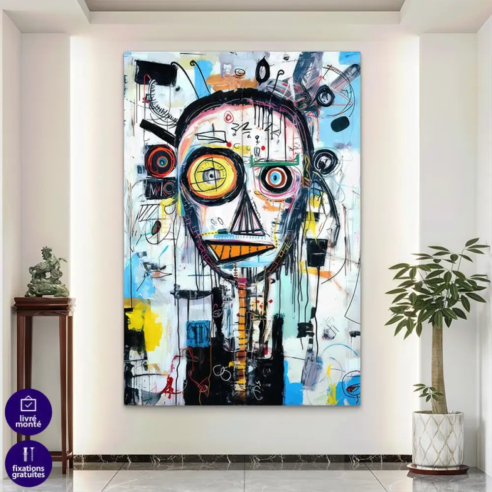 Tableau abstrait façon Basquiat exposé dans un salon moderne avec murs blancs