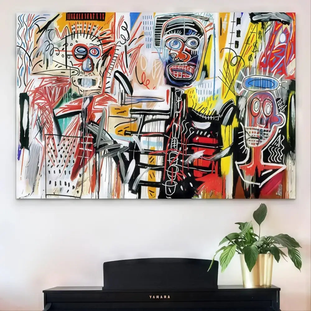 Tableau Basquiat Philistines 1982 exposé sur mur en briques blanches – style urbain et expressif