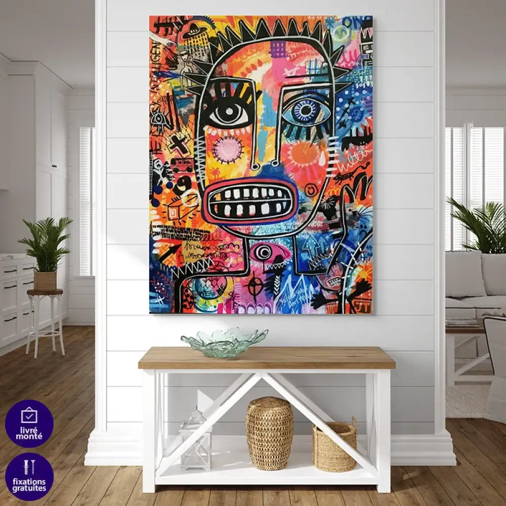 tableau basquiat urban mask visage totem couleurs vives street art