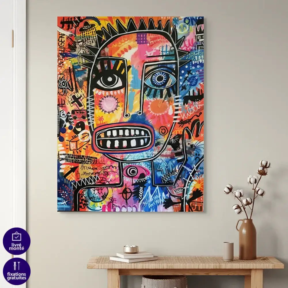 visage pop néon style basquiat fond orange bleu rose déco urbaine