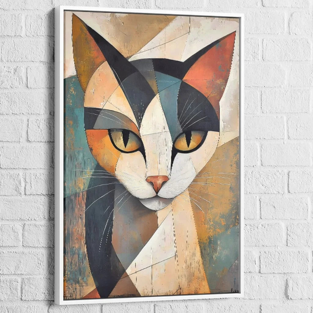 Tableau Chat à Facettes 40x60cm / Cadre Blanc Tableau Chat