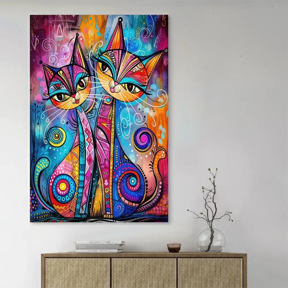décoration murale avec deux chats artistiques multicolores

