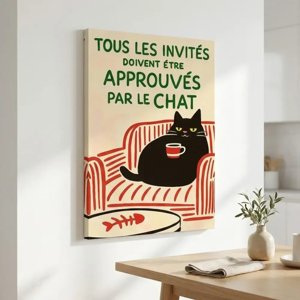 Wall art featuring a black cat on a sofa with a humorous message