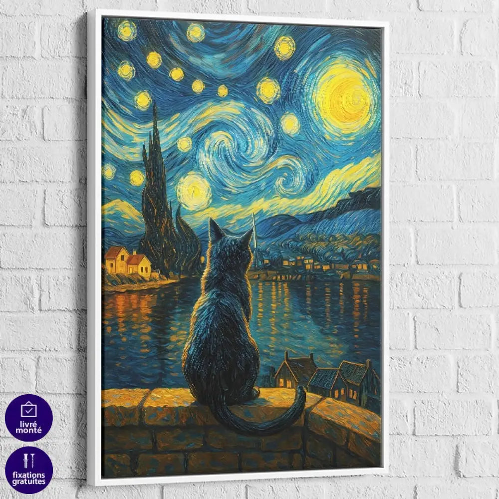 Tableau moderne et original Chat & La Nuit Étoilée idéal pour habiller un mur de salon ou chambre

