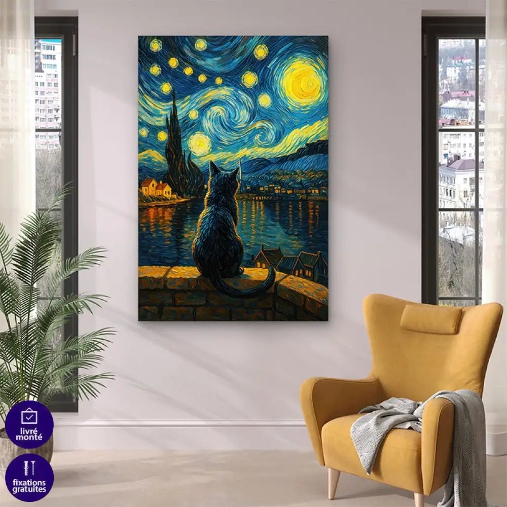 Tableau chat original et moderne assis sur un muret sous un ciel tourbillonnant

