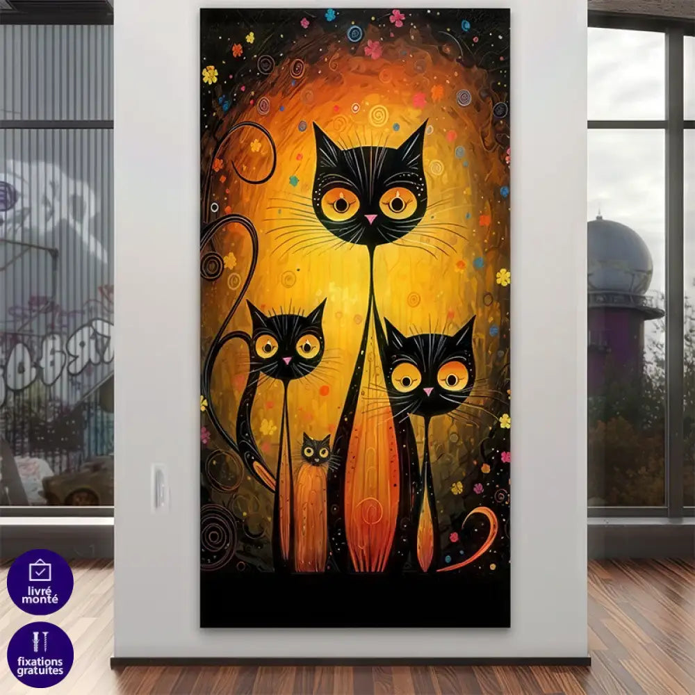 Œuvre d’art féline magique - chats noirs veilleurs de nuit sous des étoiles et fleurs colorées - Tableau Les Gardiens de la Nuit

