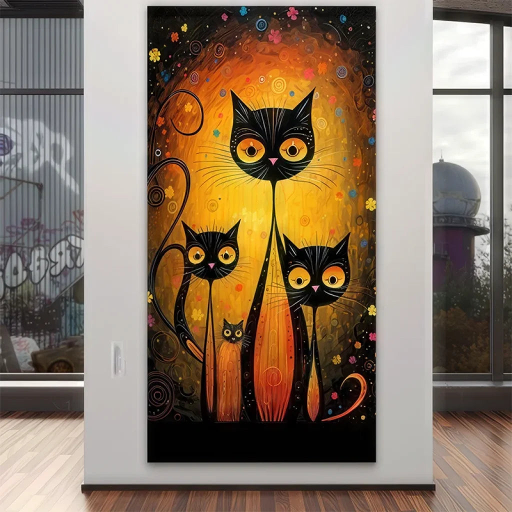 Œuvre d’art féline magique - chats noirs veilleurs de nuit sous des étoiles et fleurs colorées - Tableau Les Gardiens de la Nuit

