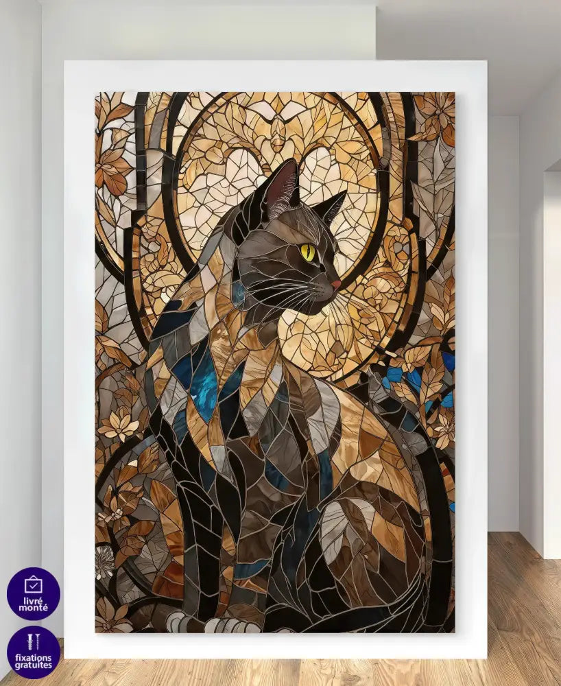 Œuvre murale féline avec effet mosaïque colorée

