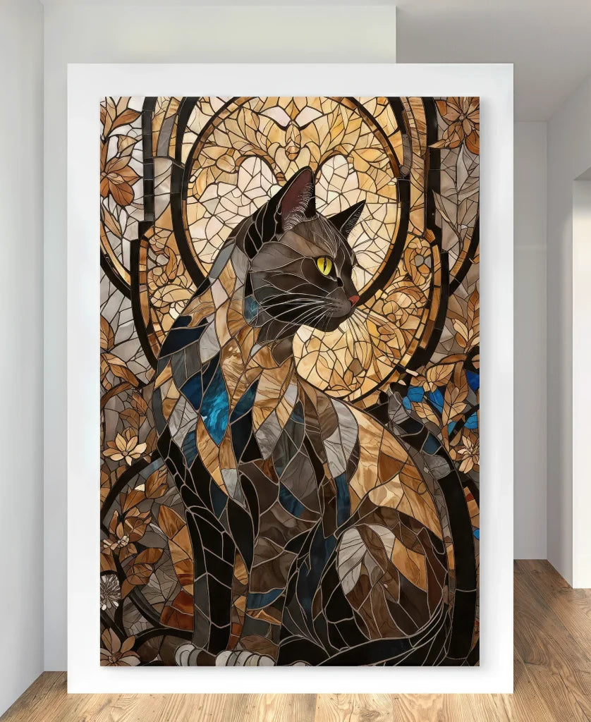 Œuvre murale féline avec effet mosaïque colorée

