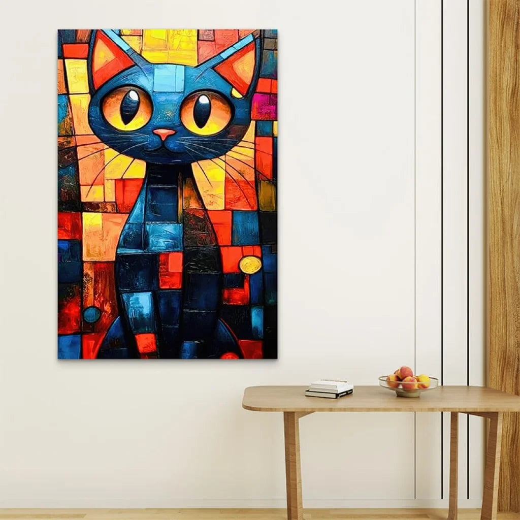 Décoration murale originale et colorée avec un chat au style street art et regard hypnotique