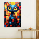 Décoration murale originale et colorée avec un chat au style street art et regard hypnotique