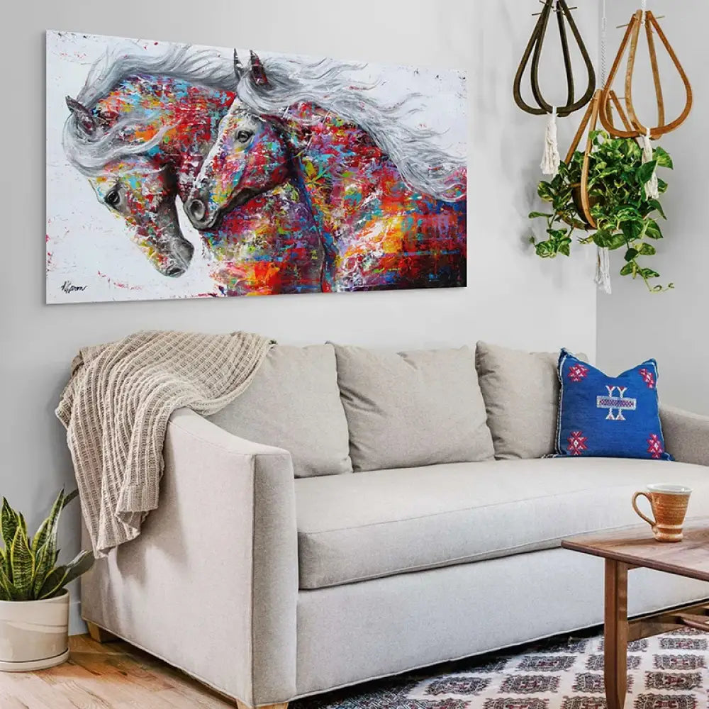 tableau chevaux colorés pour salon contemporain