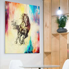 Décoration murale cheval croquis noir et fond abstrait coloré