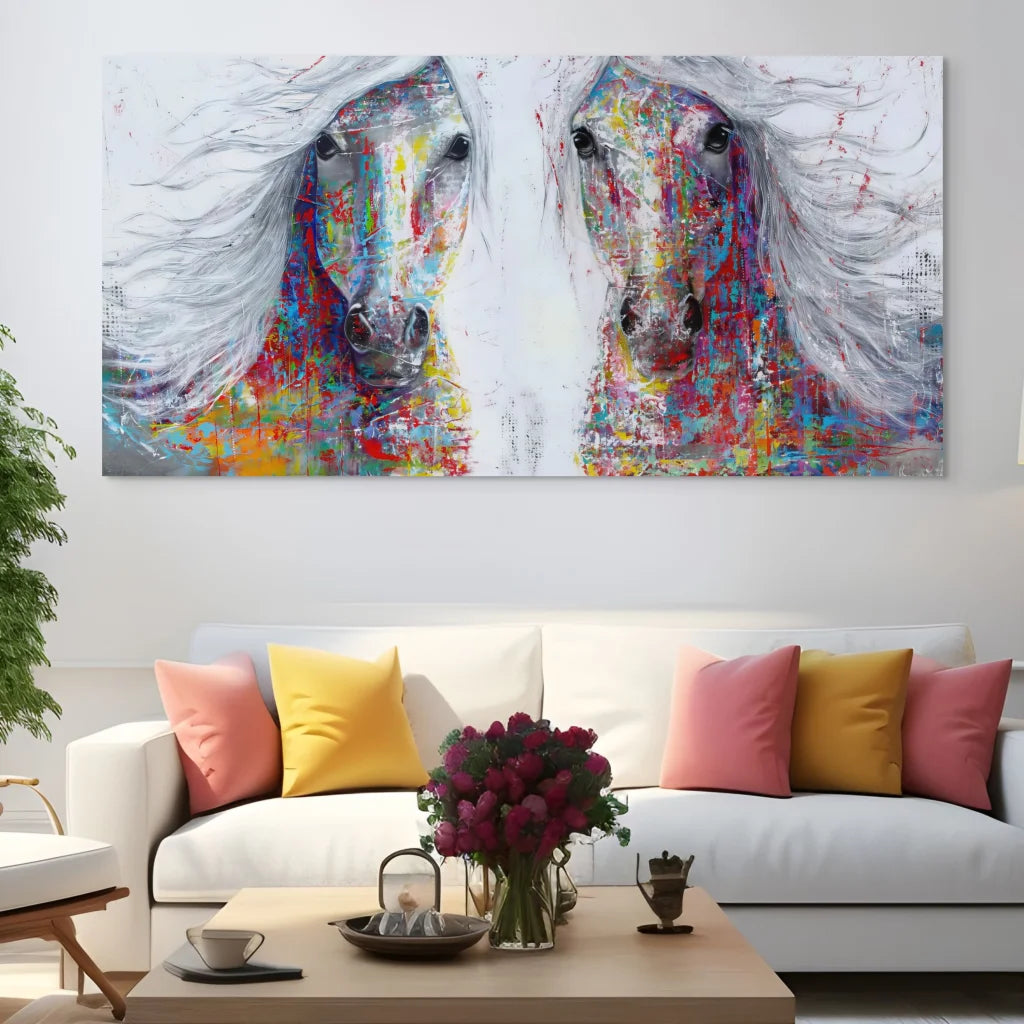 tableau chevaux colorés double portrait moderne