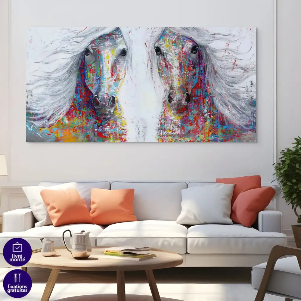 Tableau Chevaux Colorés – Double Portrait Moderne Tableau Animaux