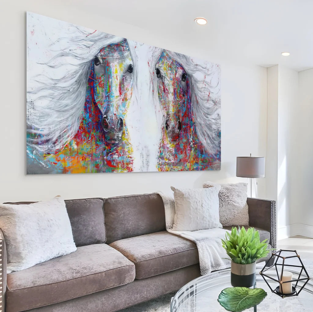 décoration murale chevaux face à face fond blanc