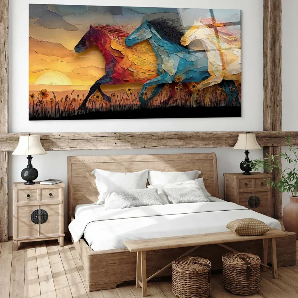 Colorful wall art painting of horses at dusk in a cozy bedroom
