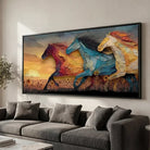 Decorative painting of horses at sunset in a modern artistic style
