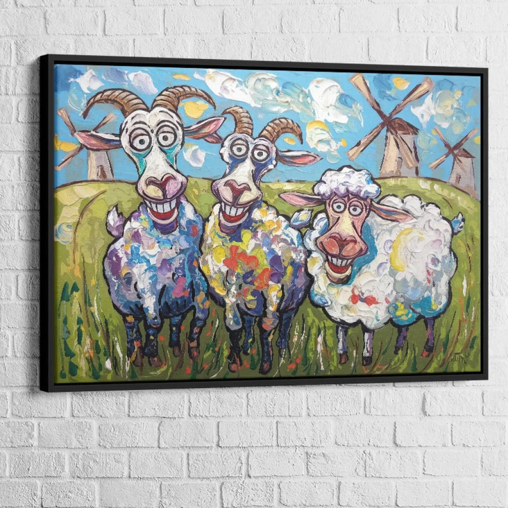 Tableau Chèvres et Brebis en Folie 40x60cm / Cadre Noir Tableau Luxe