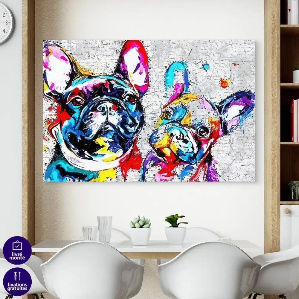 Duo de chiens bouledogues sur fond urbain graphique

