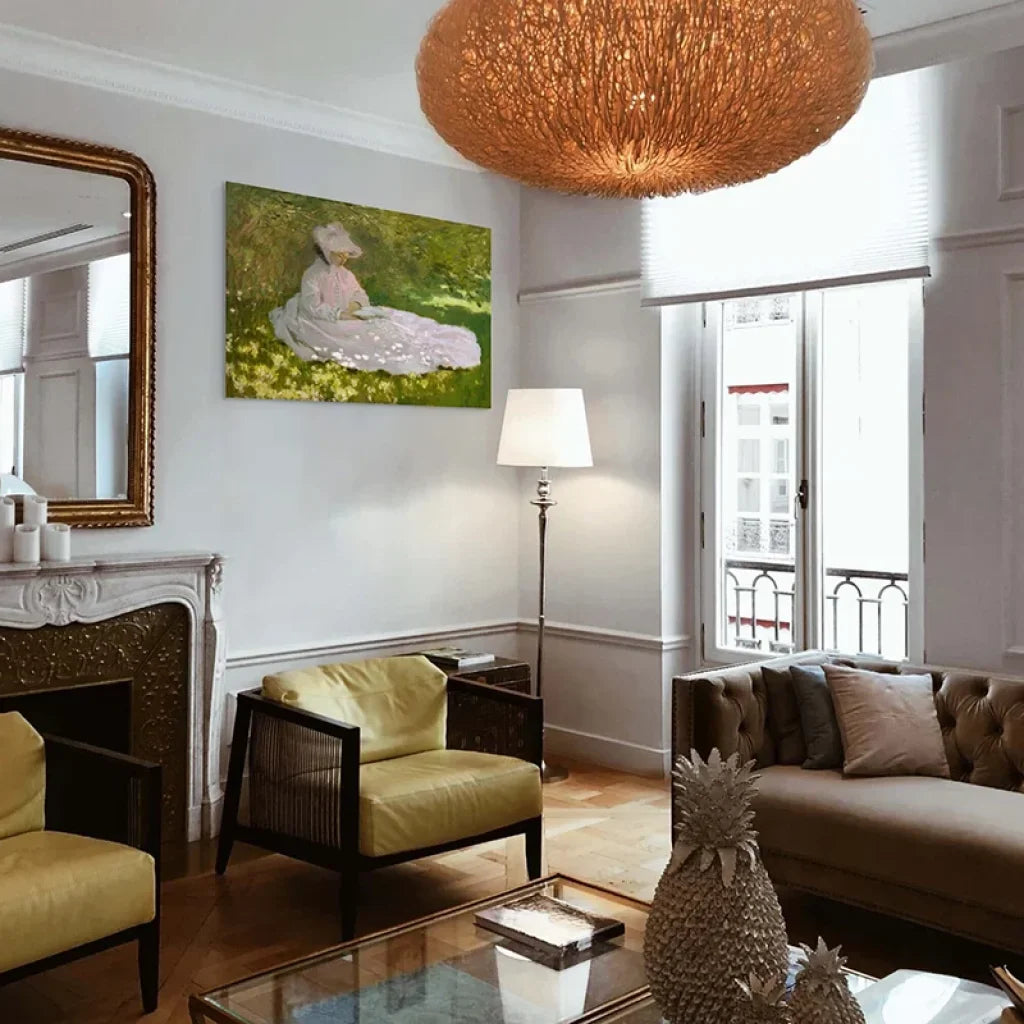 Toile artistique Monet Printemps Camille Doncieux assise robe blanche