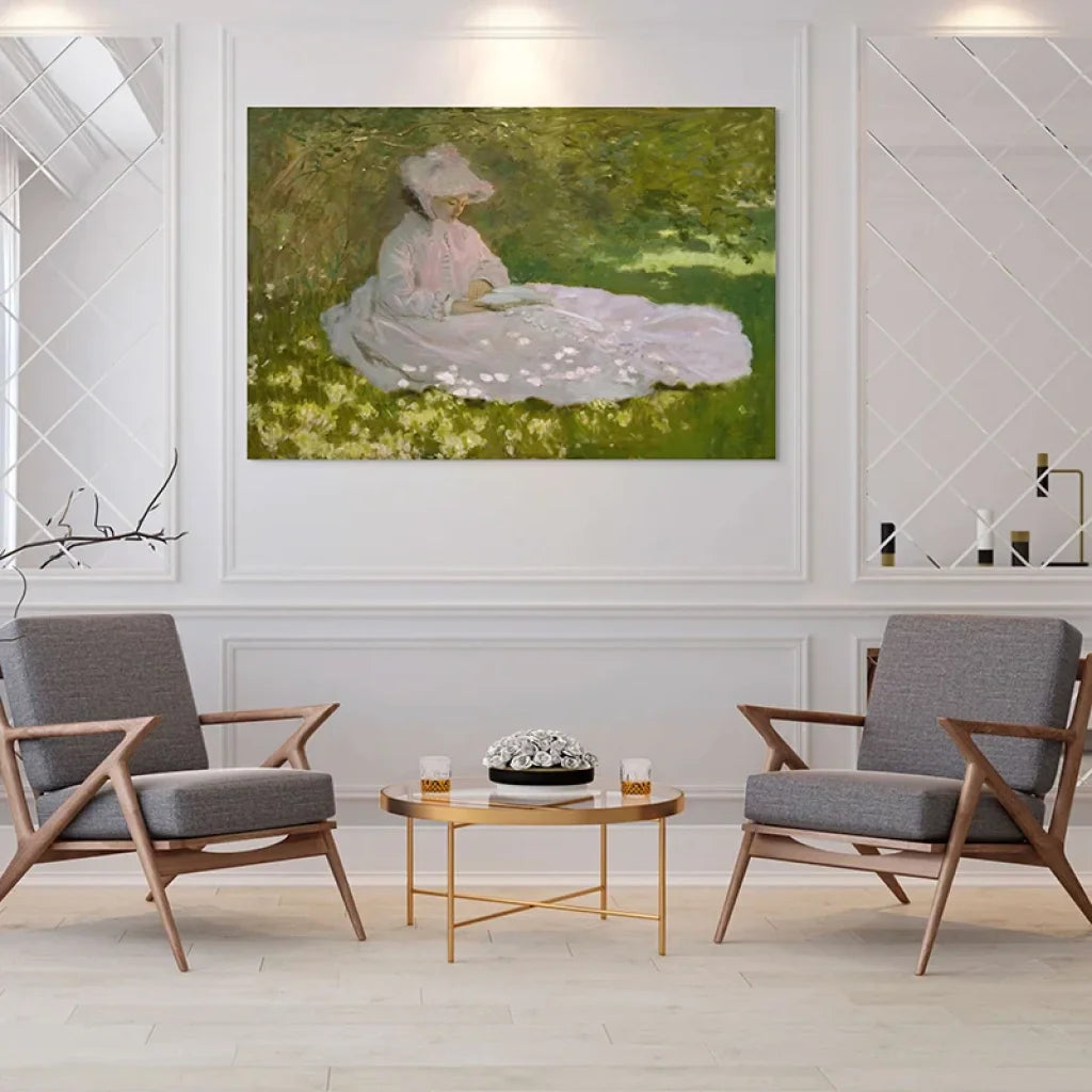 Reproduction impressionniste Claude Monet femme lisant au jardin