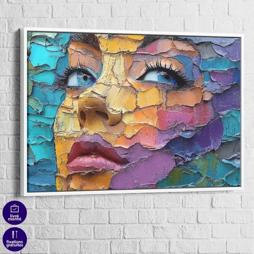 Œuvre moderne visage féminin en couches de peinture colorées