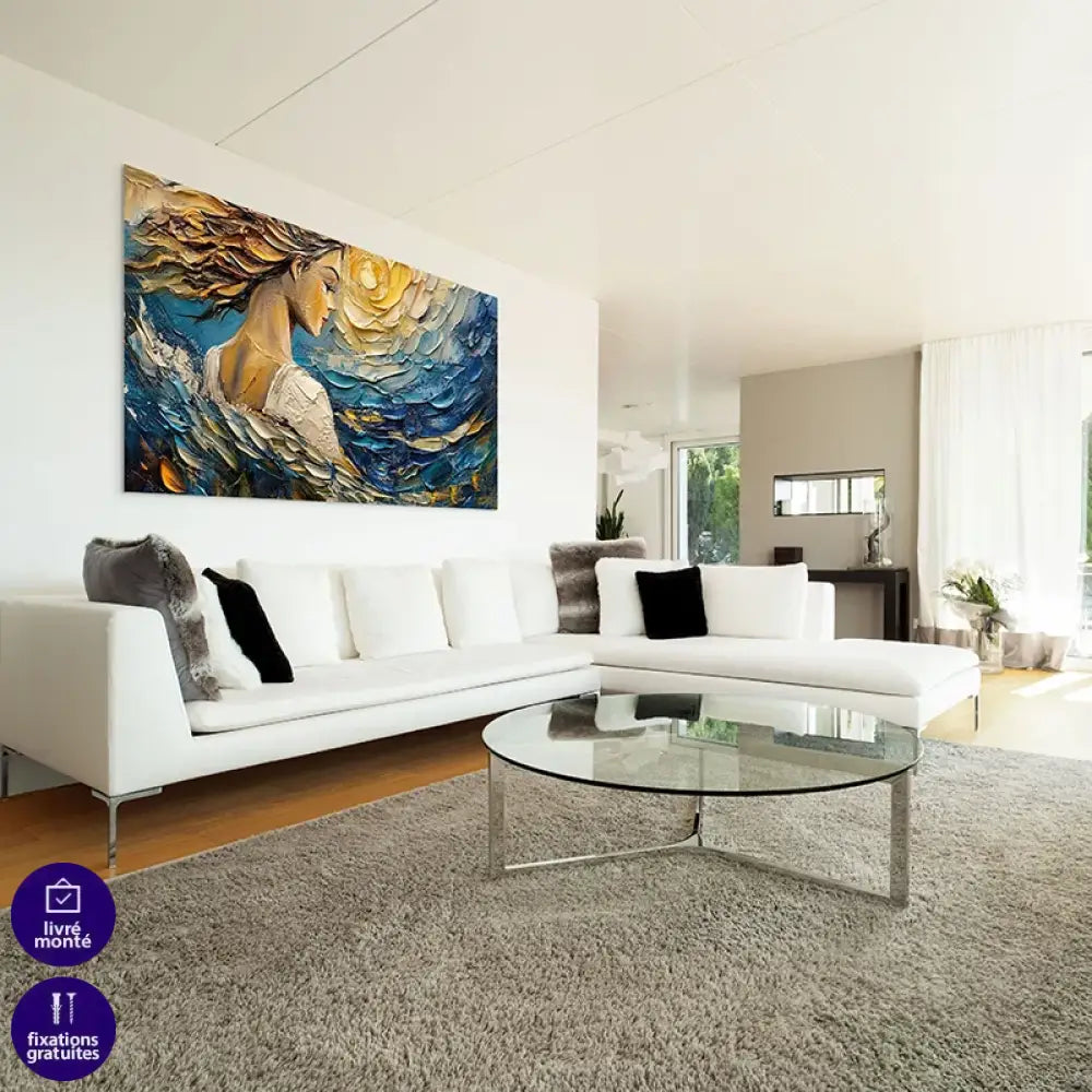 Tableau mural contemporain artistique femme et soleil en arrière-plan