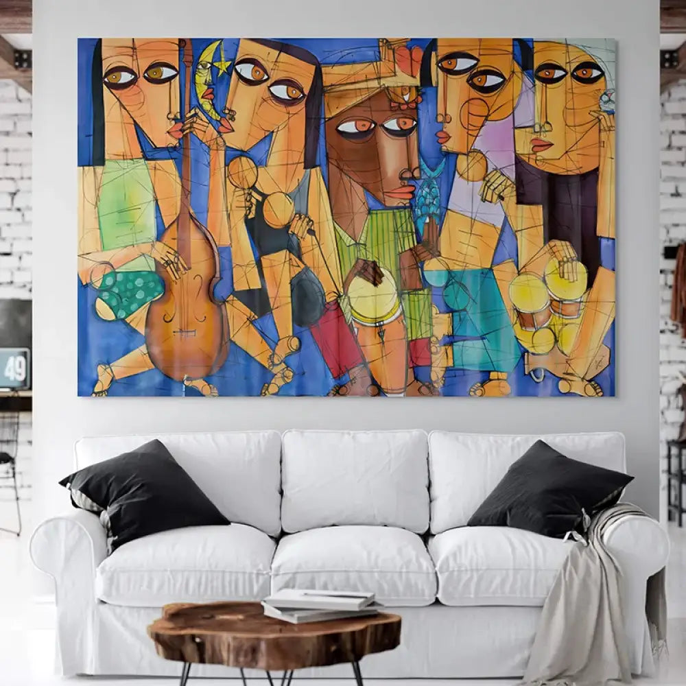 Tableau contemporain Les Rythmes du Soleil – scène musicale cubiste bleu et orange pour déco salon moderne