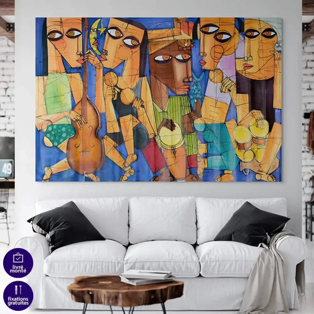 Tableau contemporain Les Rythmes du Soleil – scène musicale cubiste bleu et orange pour déco salon moderne
