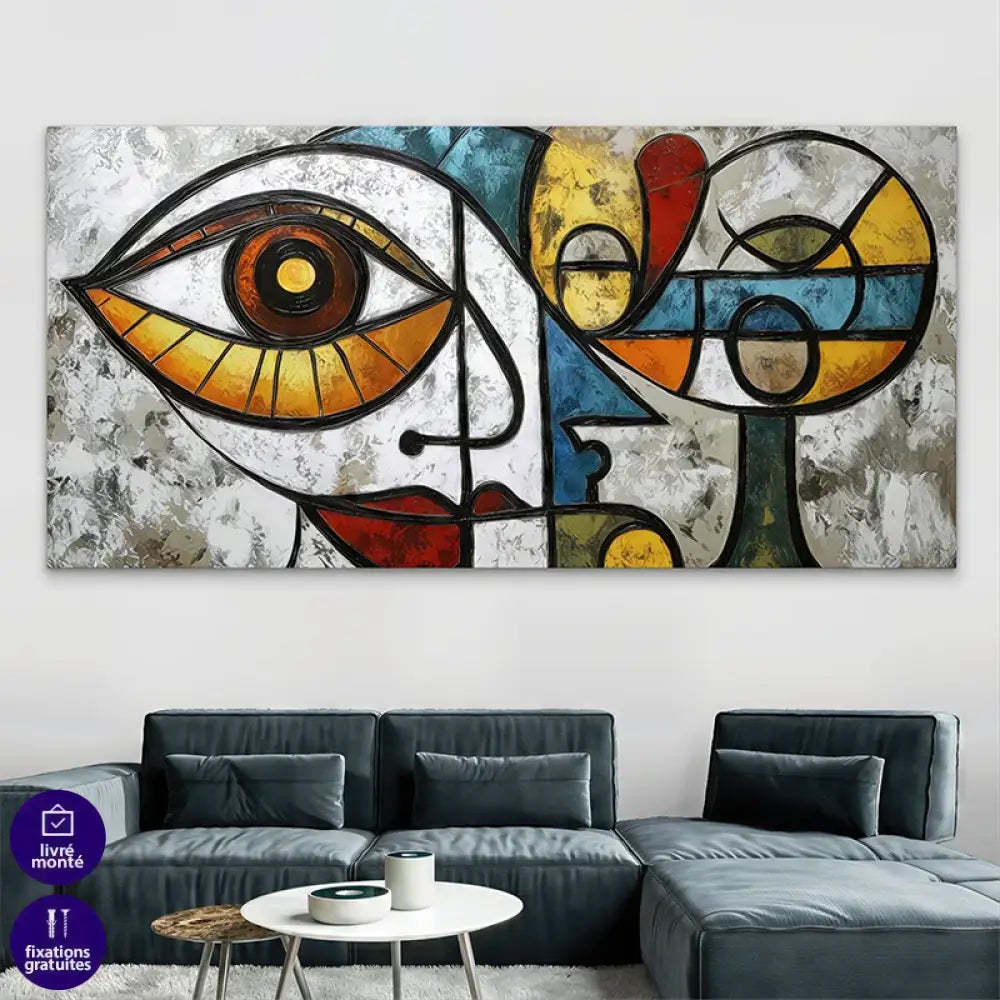 Tableau contemporain abstrait avec visage stylisé multicolore en déco murale

