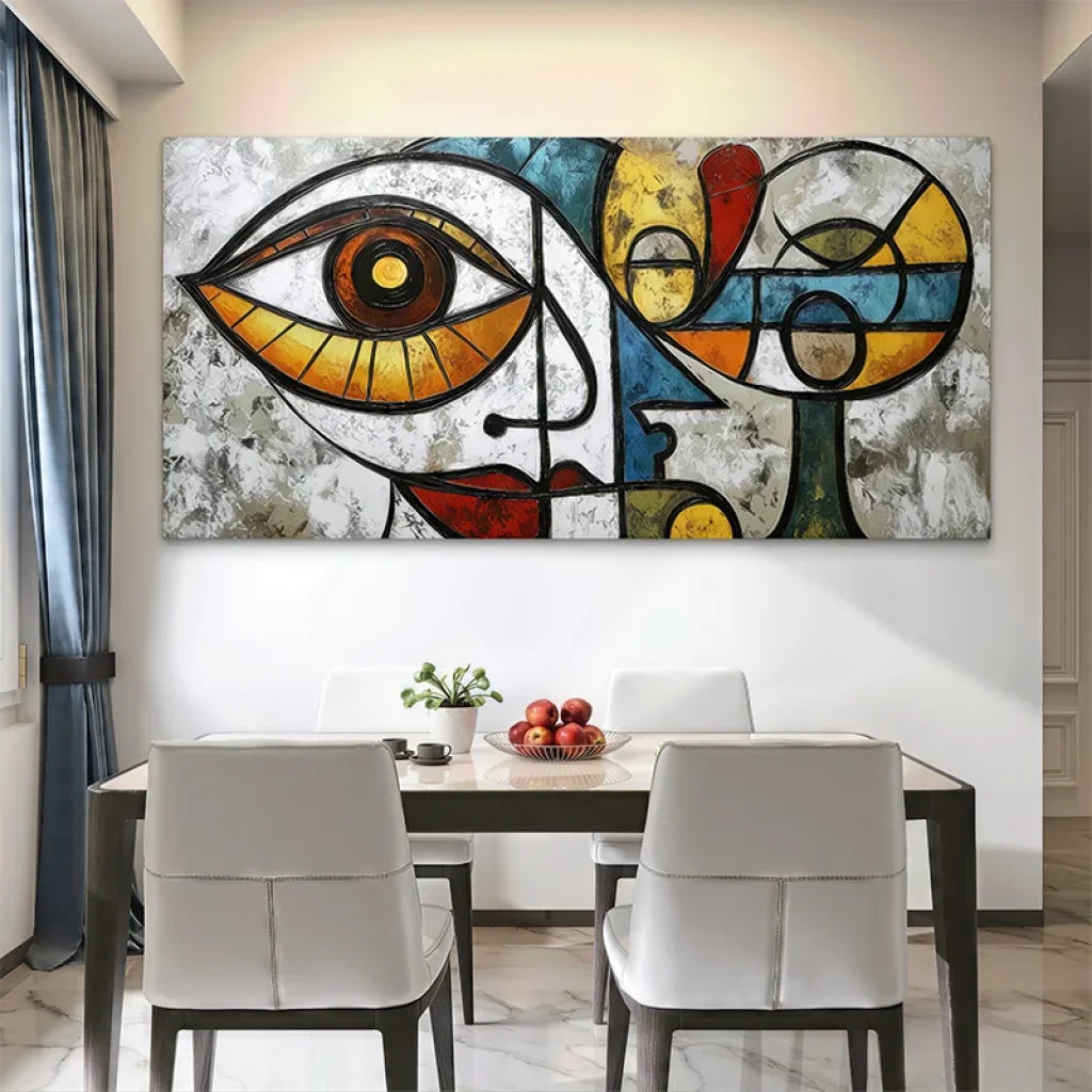 Œuvre d’art moderne colorée style cubiste pour décoration de salon

